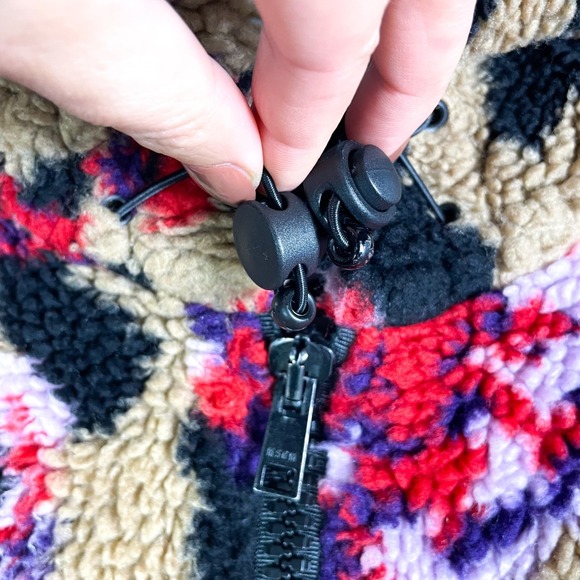 MSGM Giubbino Fleece Jacket Tan Red Floral Sherpa Zip Up Hooded Sz 38 / 4 US